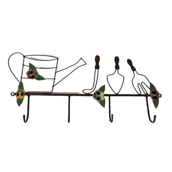 VTG Metal Garden Tools Flower 4 Hooks Hanging Rack Rustic MCM Industrial Rare - Picture 1 of 7